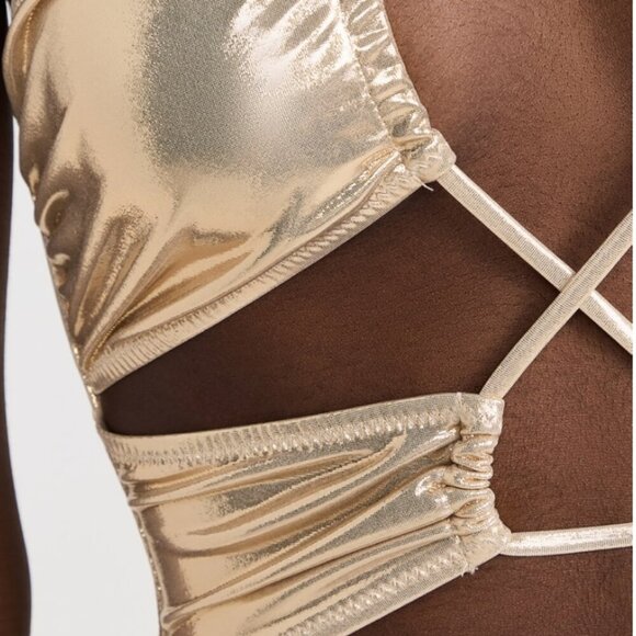 Solid and Striped The Ariana One Piece Cut Out Swimsuit Pale Gold Liquid Foil M - Picture 3 of 7
